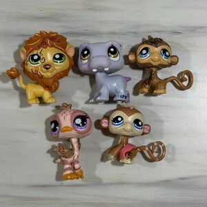 Littlest Pet Shop LPS Figure Lot 5 – Lion Monkey Hippo Bird Vintage Hasbro